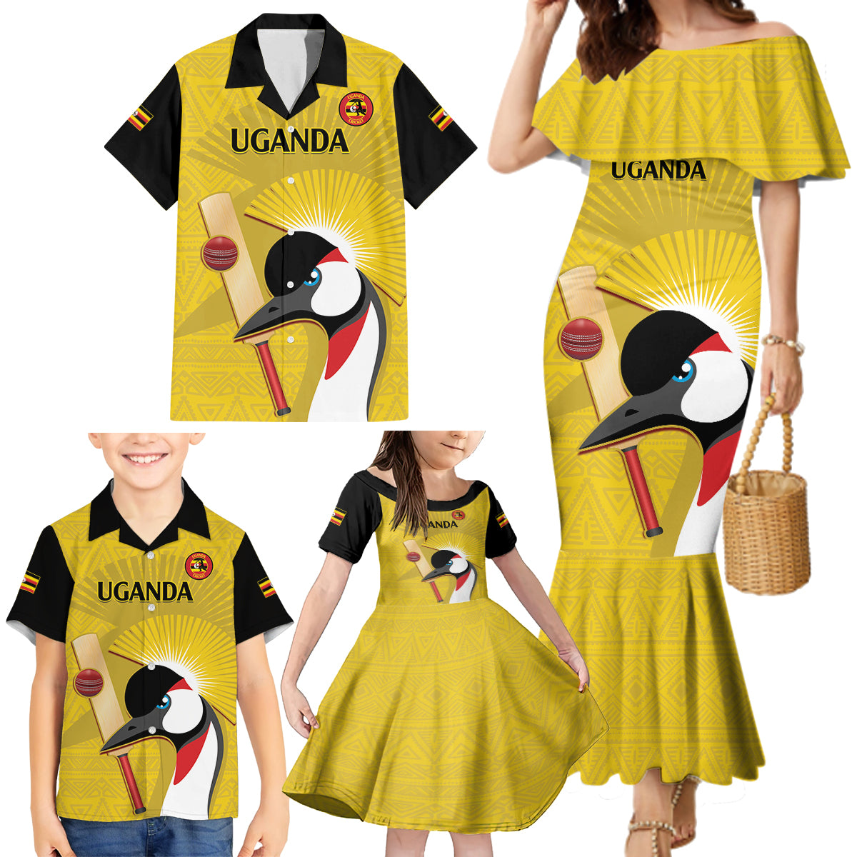 Custom Uganda Cricket Family Matching Mermaid Dress and Hawaiian Shirt Ugandan Grey Crowned Crane - Wonder Print Shop