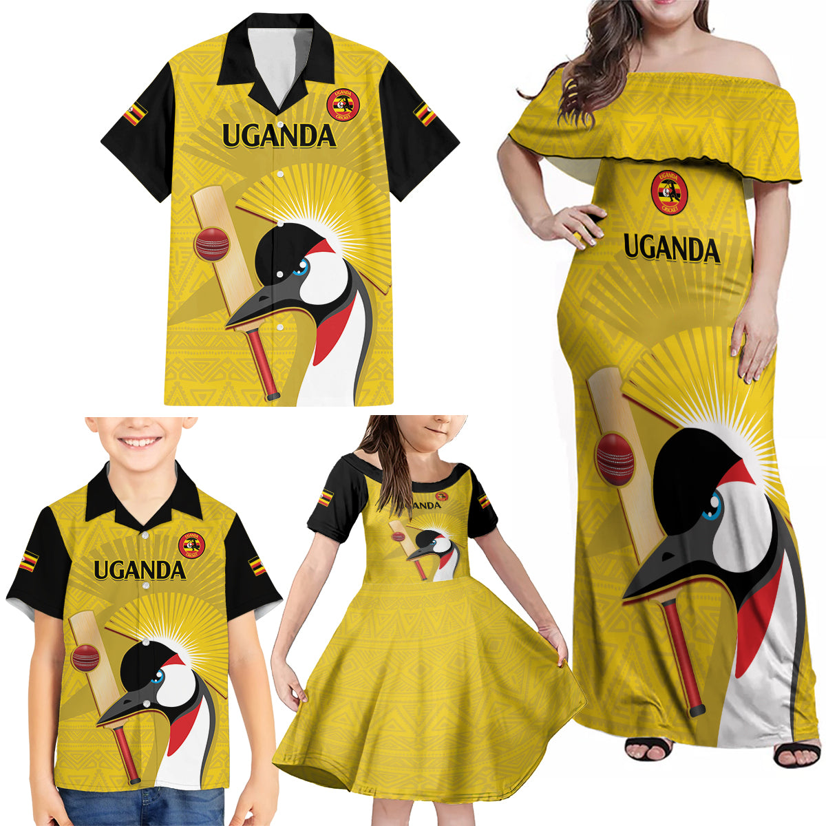 Custom Uganda Cricket Family Matching Off Shoulder Maxi Dress and Hawaiian Shirt Ugandan Grey Crowned Crane - Wonder Print Shop