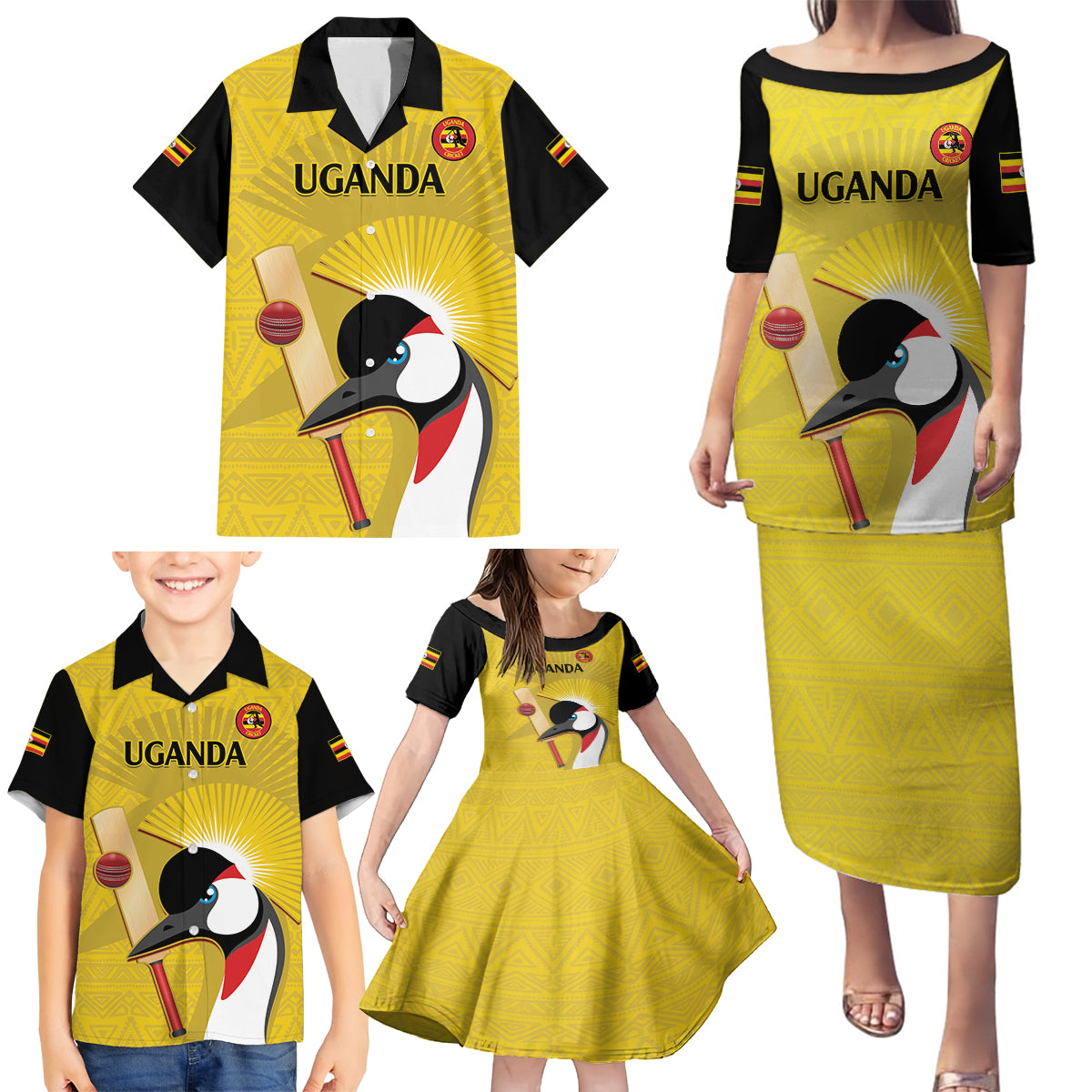 Custom Uganda Cricket Family Matching Puletasi and Hawaiian Shirt Ugandan Grey Crowned Crane - Wonder Print Shop