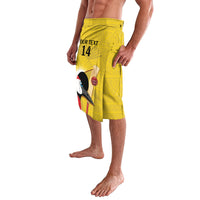 Yellow cricket graphic shorts with elastic waistband, bird image and number 14