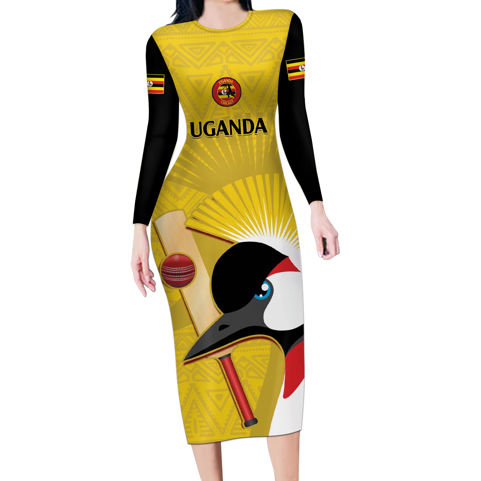 Custom Uganda Cricket Long Sleeve Bodycon Dress Ugandan Grey Crowned Crane - Wonder Print Shop