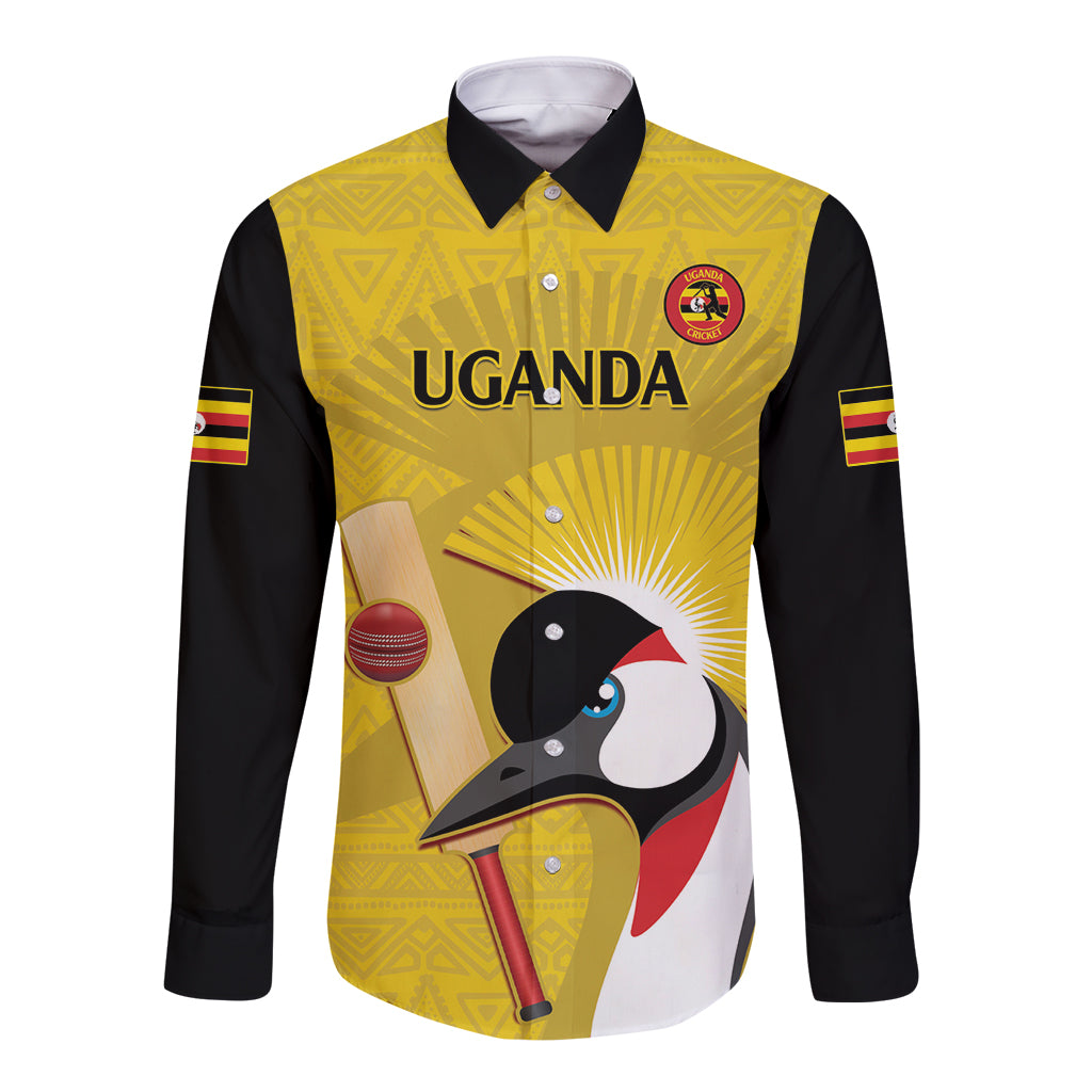 Custom Uganda Cricket Long Sleeve Button Shirt Ugandan Grey Crowned Crane - Wonder Print Shop