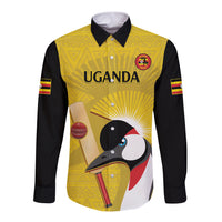 Yellow long-sleeve button cricket shirt with black sleeves, front Uganda graphic
