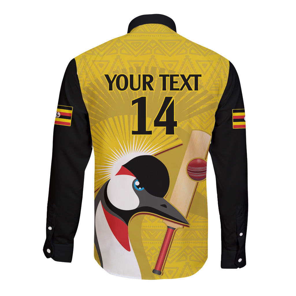 Yellow back of long-sleeve button cricket shirt with black sleeves, YOUR TEXT 14