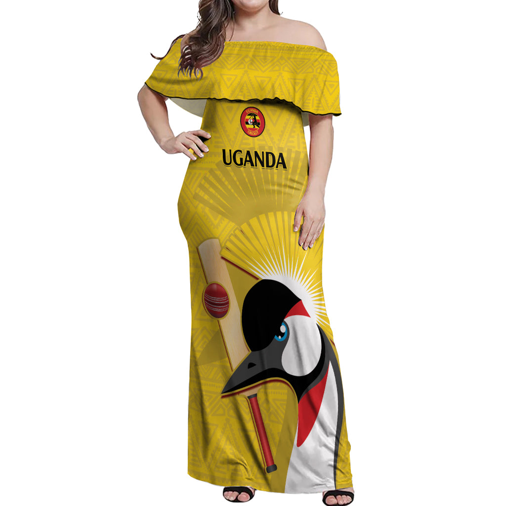 Custom Uganda Cricket Off Shoulder Maxi Dress Ugandan Grey Crowned Crane - Wonder Print Shop