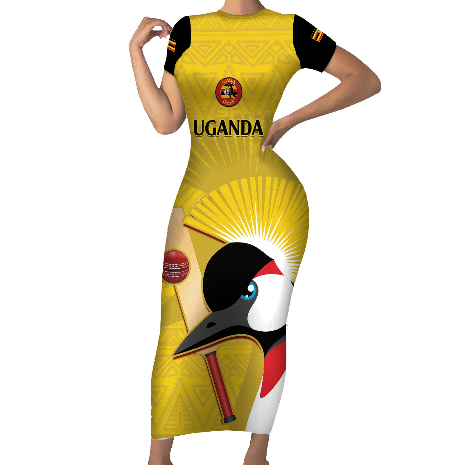 Custom Uganda Cricket Short Sleeve Bodycon Dress Ugandan Grey Crowned Crane - Wonder Print Shop