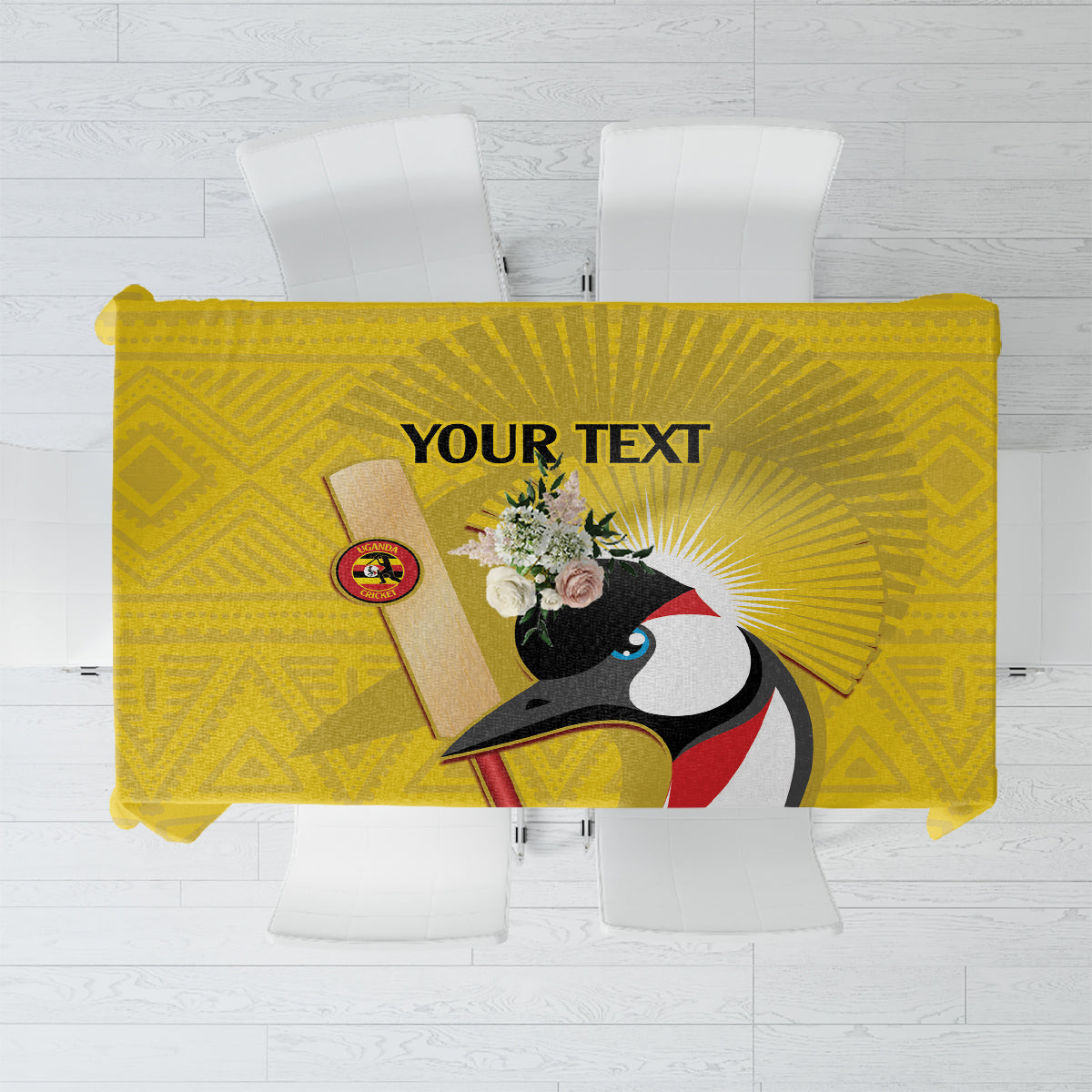 Yellow custom tablecloth design with “YOUR TEXT” and a bird illustration, geometric pattern