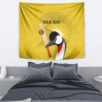 Yellow tapestry with crowned crane holding a staff, sunburst rays, and 'YOUR TEXT'