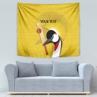 Yellow sofa-size tapestry showing crowned crane, sun rays, and 'YOUR TEXT' text