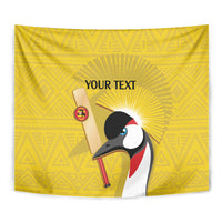 Yellow close-up tapestry print of crowned crane and sunburst rays with 'YOUR TEXT'