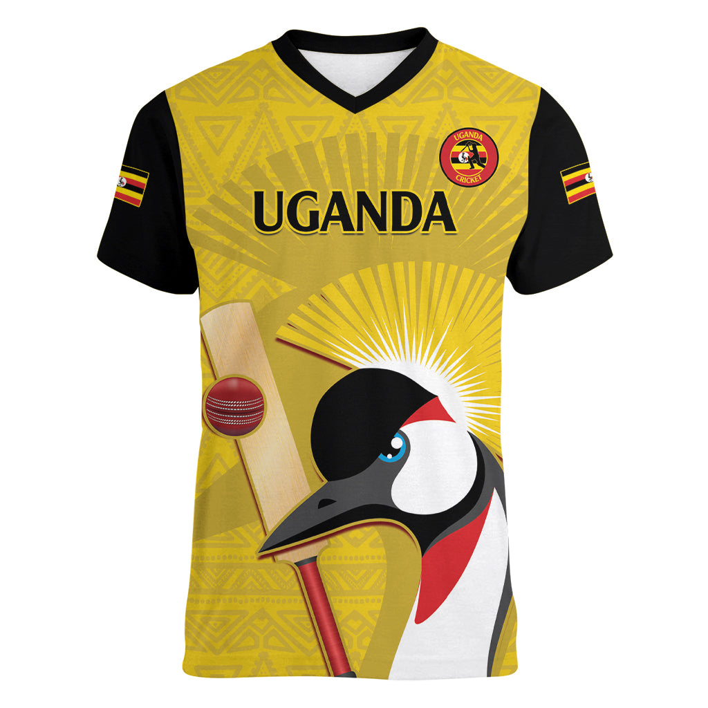 Custom Uganda Cricket Women V-Neck T-Shirt Ugandan Grey Crowned Crane - Wonder Print Shop