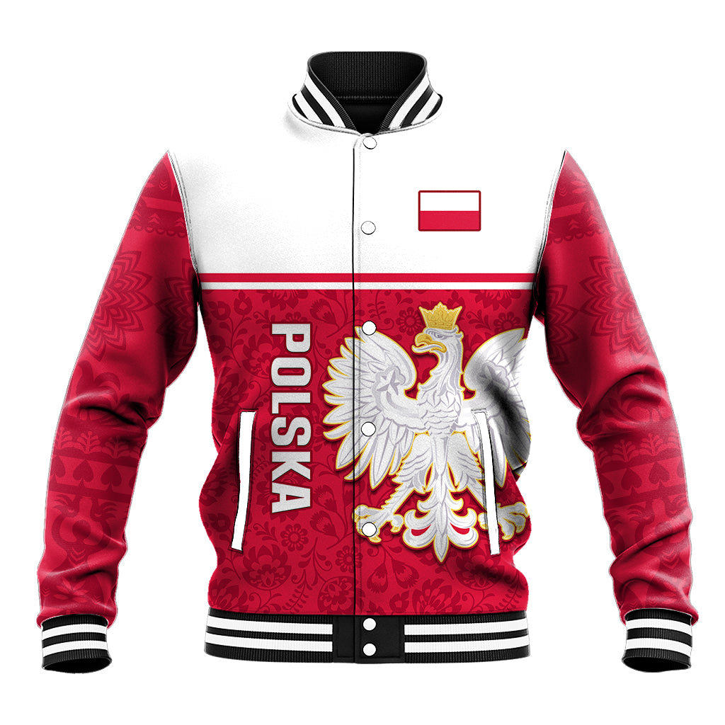 Poland Baseball Jacket Polska Coat Of Arms With Folk Pattern - Wonder Print Shop