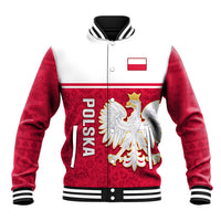 Red and white baseball jacket with Polish coat of arms and flag patch, ribbed trim
