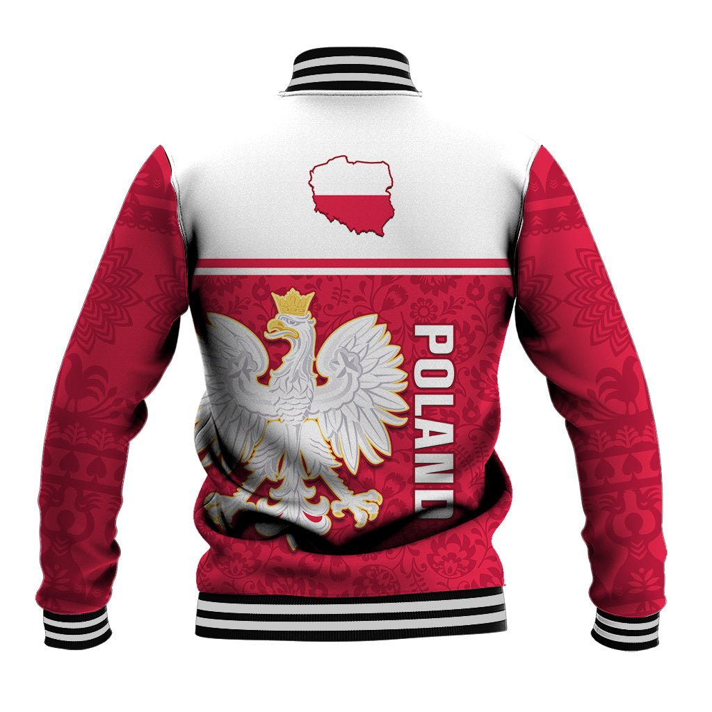 Red and white baseball jacket, large Polish eagle crest on back, striped ribbed collar