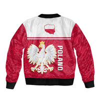 Unisex bomber jacket back view in red and white with Poland map and eagle print