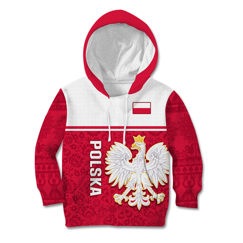 Poland Kid Hoodie Polska Coat Of Arms With Folk Pattern - Wonder Print Shop