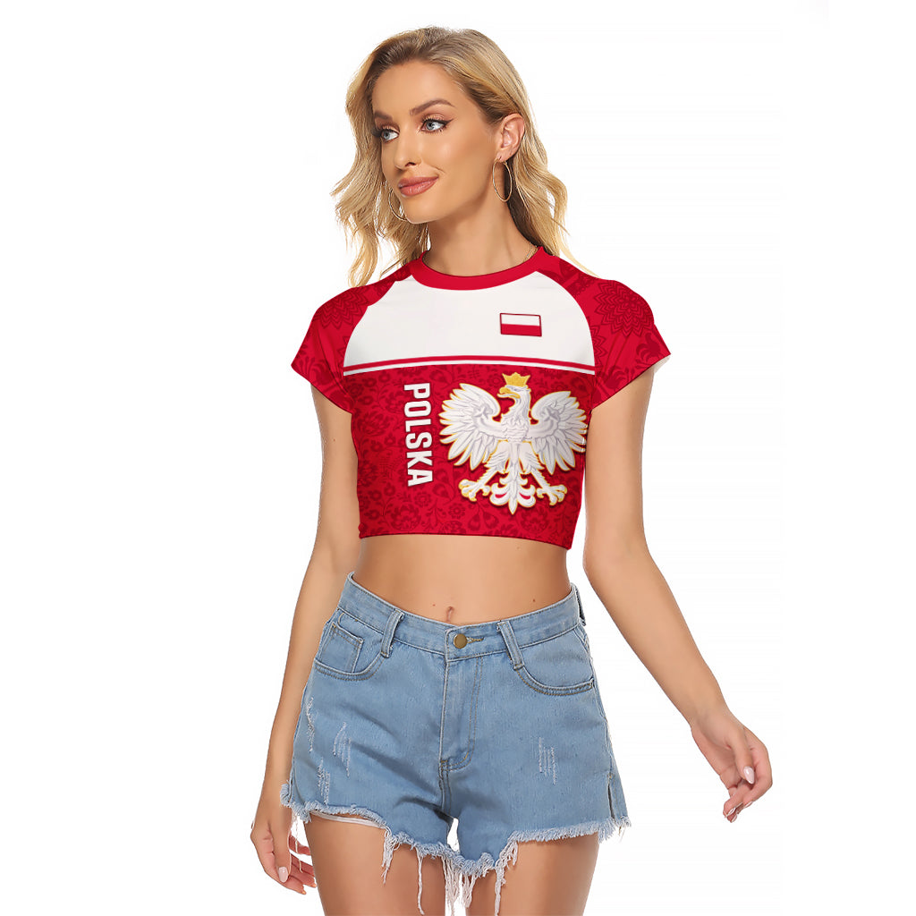 Poland Raglan Cropped T Shirt Polska Coat Of Arms With Folk Pattern - Wonder Print Shop