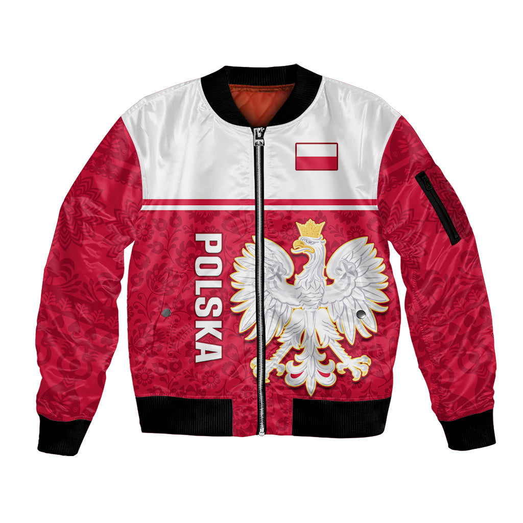 Poland Sleeve Zip Bomber Jacket Polska Coat Of Arms With Folk Pattern - Wonder Print Shop