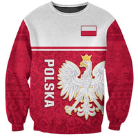 Unisex sweatshirt, red folk pattern with white eagle crest and Polska flag patch