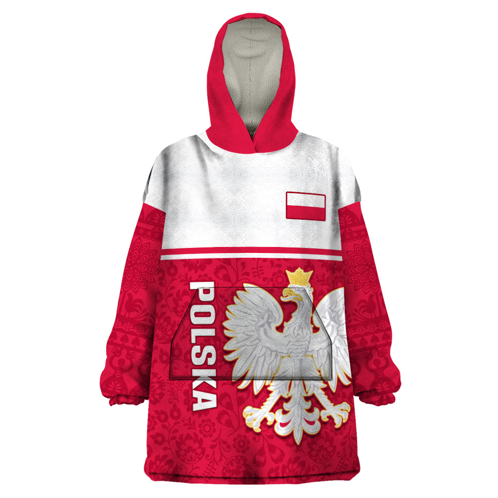 Poland Wearable Blanket Hoodie Polska Coat Of Arms With Folk Pattern - Wonder Print Shop