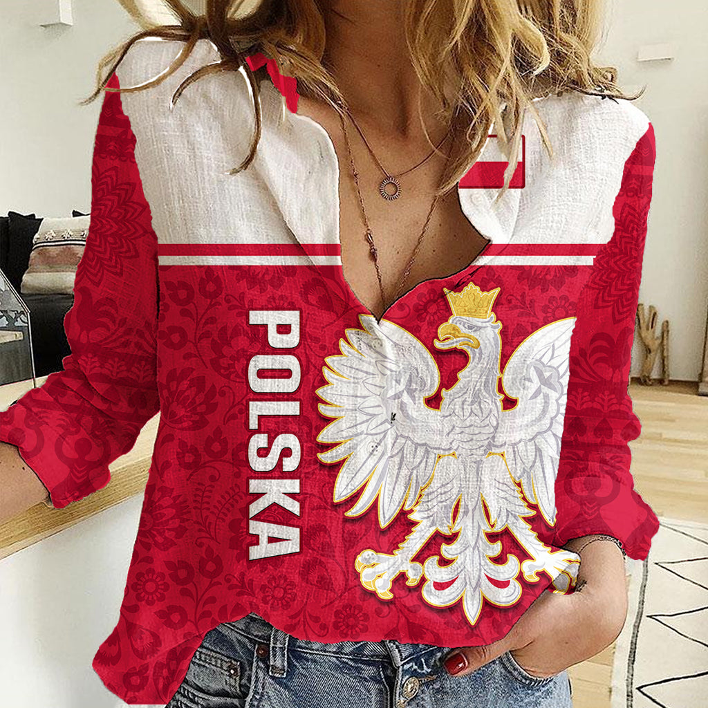 Poland Women Casual Shirt Polska Coat Of Arms With Folk Pattern - Wonder Print Shop