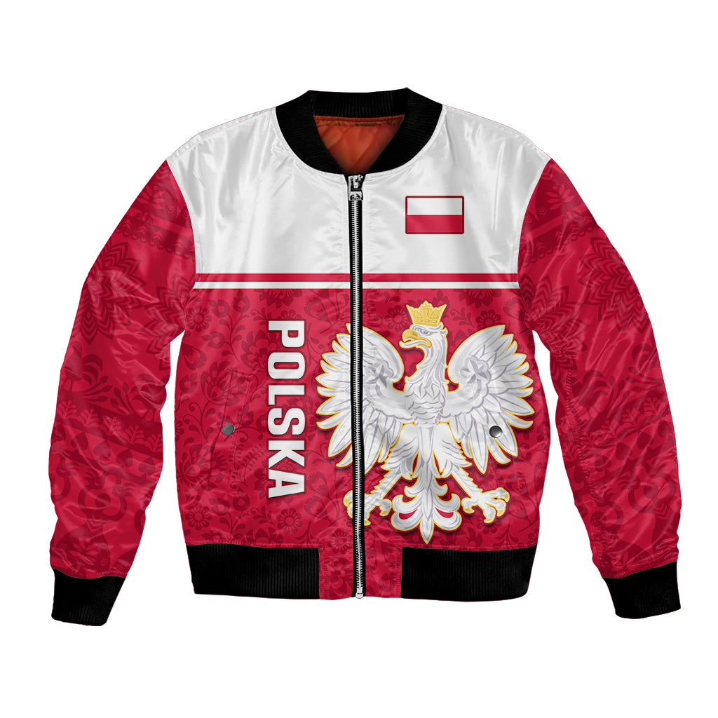 Personalized Poland bomber jacket with red-and-white folk pattern, Polish flag patch, zipper front