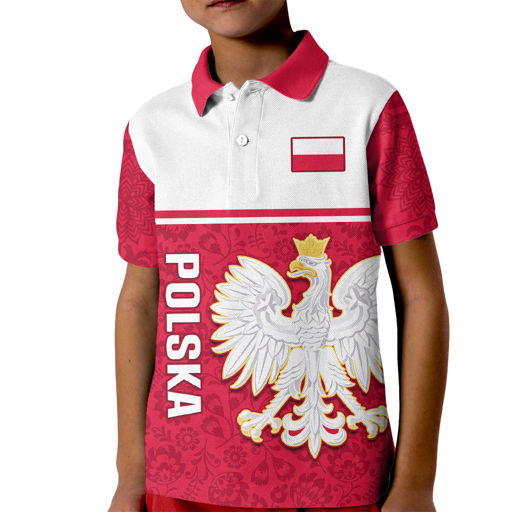 Personalised Poland Kid Polo Shirt Polska Coat Of Arms With Folk Pattern - Wonder Print Shop