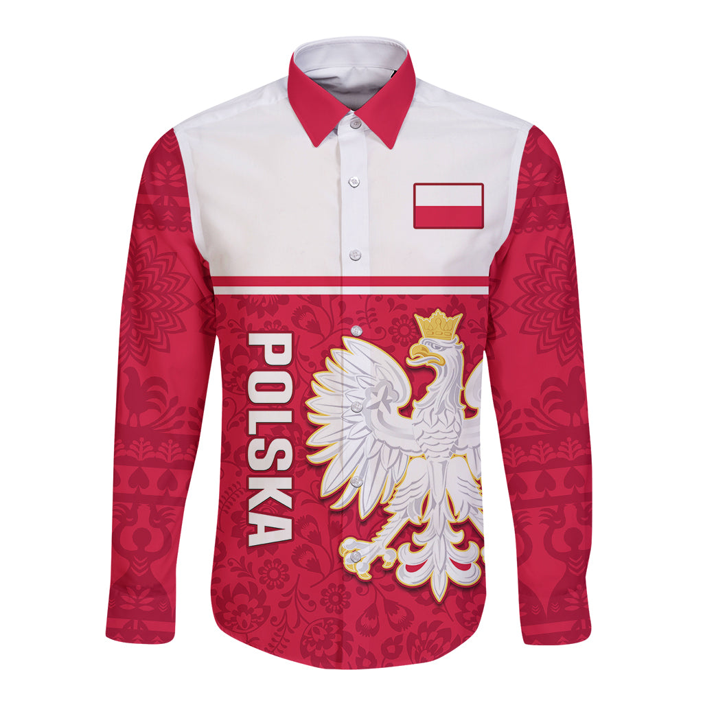 Red and white long sleeve button shirt with Polish eagle crest and folk pattern