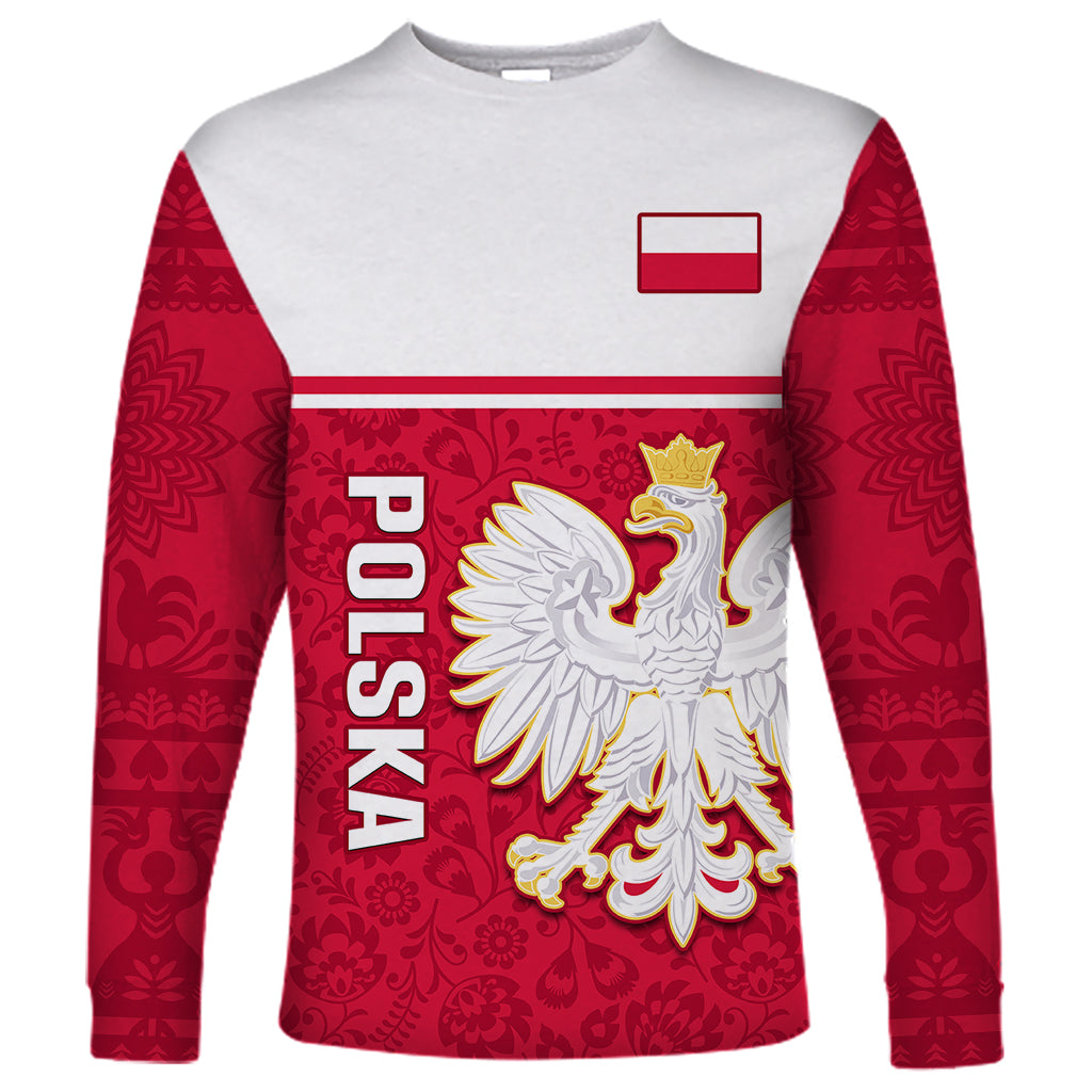 Personalised Poland Long Sleeve Shirt Polska Coat Of Arms With Folk Pattern - Wonder Print Shop