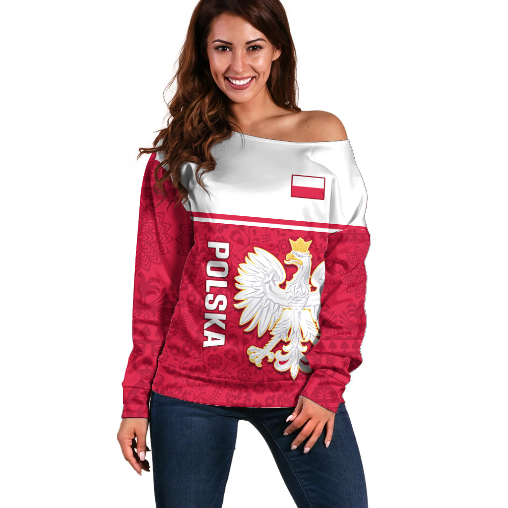 Personalised Poland Off Shoulder Sweater Polska Coat Of Arms With Folk Pattern - Wonder Print Shop