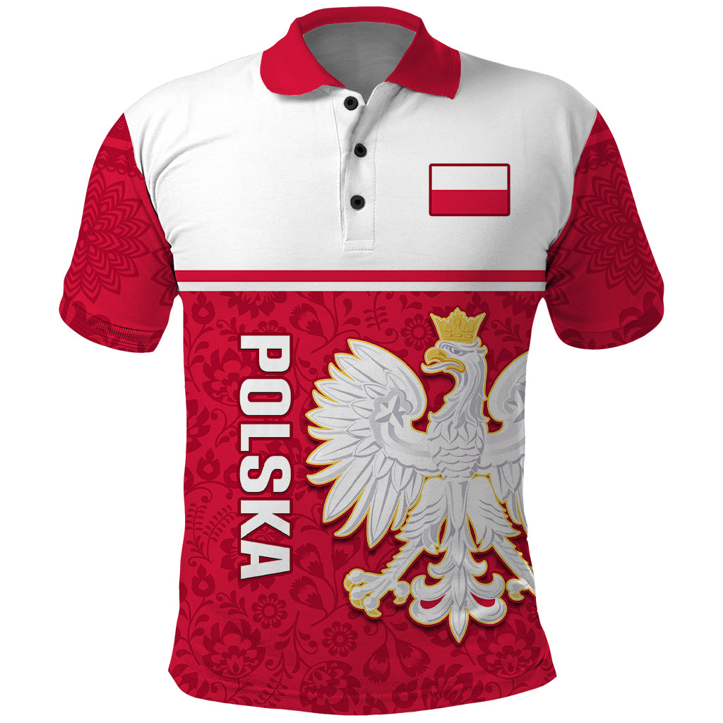 Personalised Poland Polo Shirt Polska Coat Of Arms With Folk Pattern - Wonder Print Shop