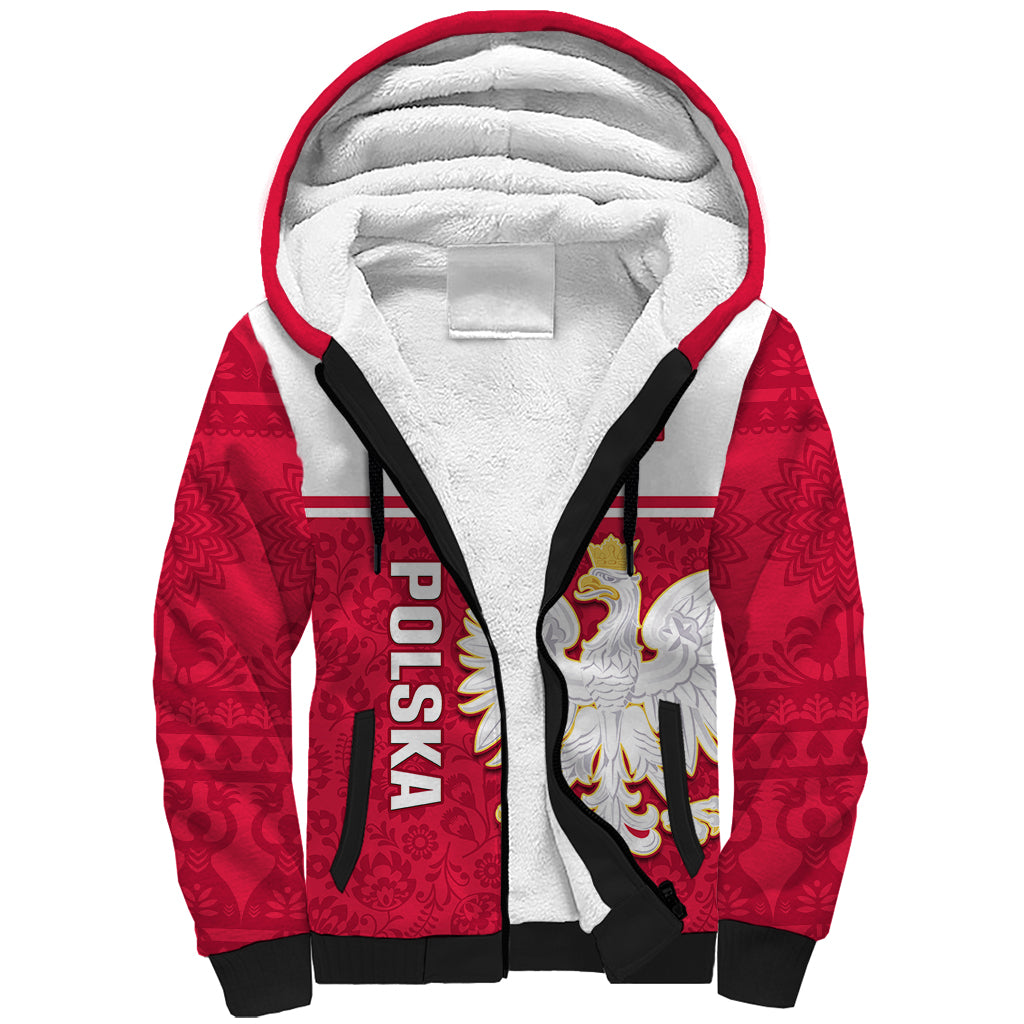 Personalised Poland Sherpa Hoodie Polska Coat Of Arms With Folk Pattern - Wonder Print Shop