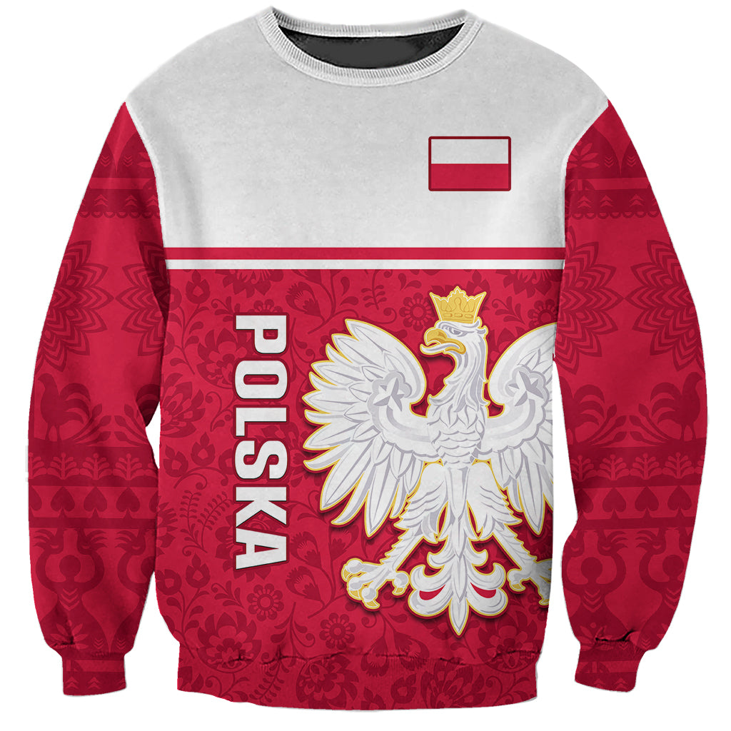 Folk sweatshirt in red and light gray with Polish flag and white eagle crest front