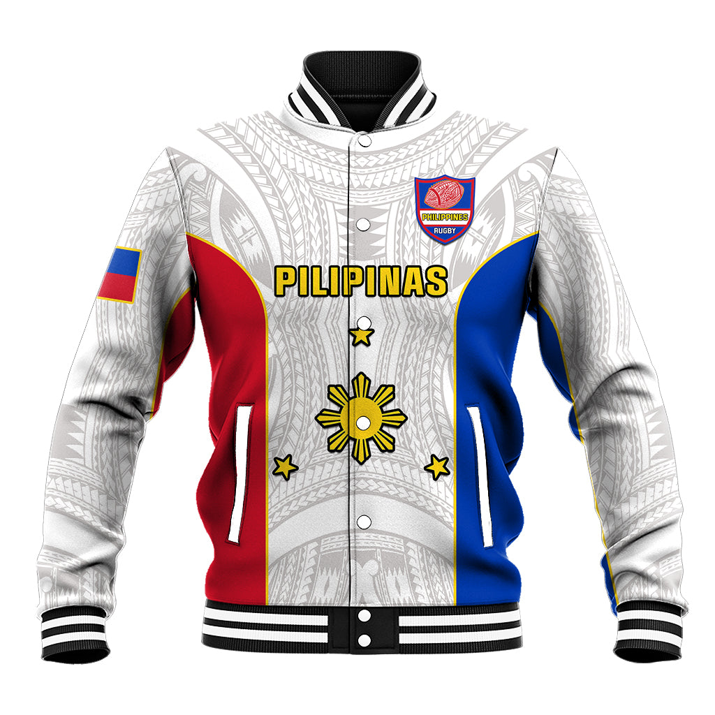 White varsity baseball jacket with ribbed collar, striped trim, and Pilipinas rugby crest