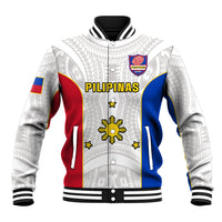 White varsity baseball jacket with ribbed collar, striped trim, and Pilipinas rugby crest