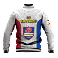 White baseball jacket back with Go Tamaraws text, Philippines rugby logo, ribbed striped cuffs