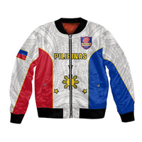 White bomber jacket with red and blue side panels, full zip, ribbed cuffs, Pilipinas patch