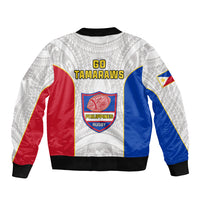 White bomber jacket with red and blue panels, full zip, ribbed cuffs, Go Tamaraws logo