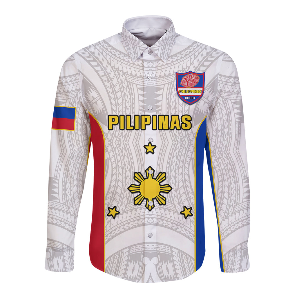 White long-sleeve button rugby shirt with front crest and Pilipinas graphic