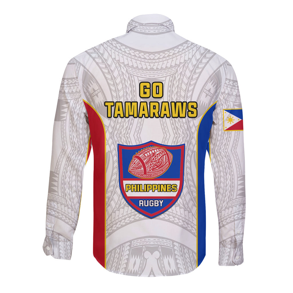White long-sleeve button rugby shirt with back GO TAMARAWS text and Philippines crest