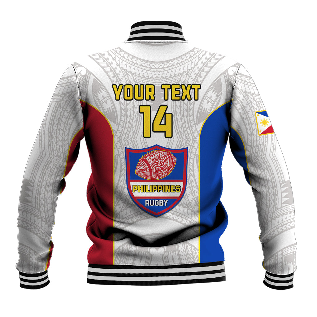 White rugby baseball jacket back with YOUR TEXT, number 14, and shield patch