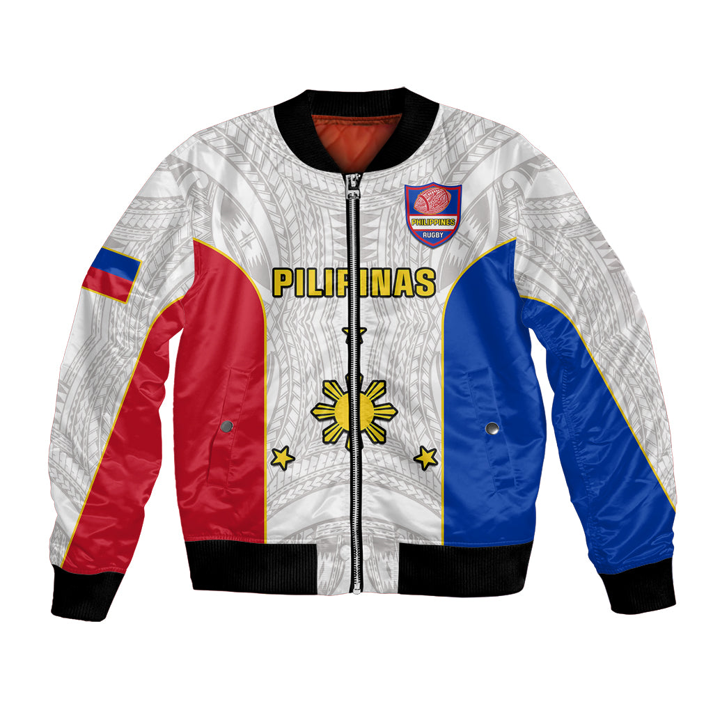 Unisex white rugby bomber jacket with red/blue panels, front zipper, PILIPINAS patch