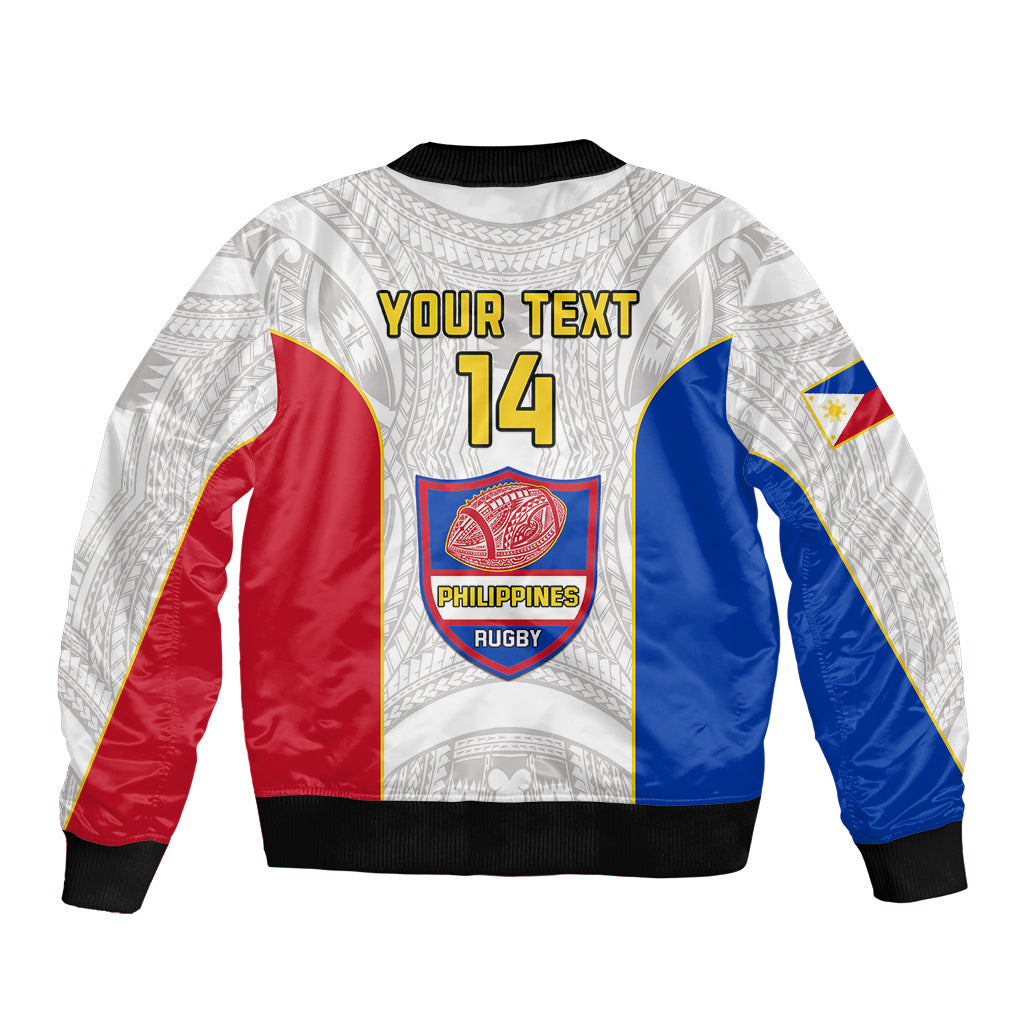 Unisex white rugby bomber jacket with red/blue sleeves, black ribbing, Your Text 14