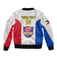 Unisex white rugby bomber jacket with red/blue sleeves, black ribbing, Your Text 14