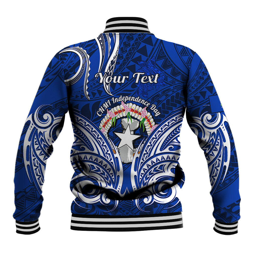 Blue baseball jacket back with Your Text print, tribal patterns, ribbed hem cuffs