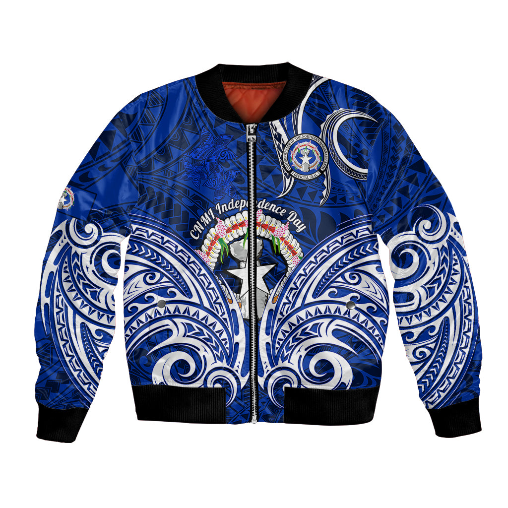 Blue bomber jacket with tribal wave pattern, front zipper and ribbed cuffs