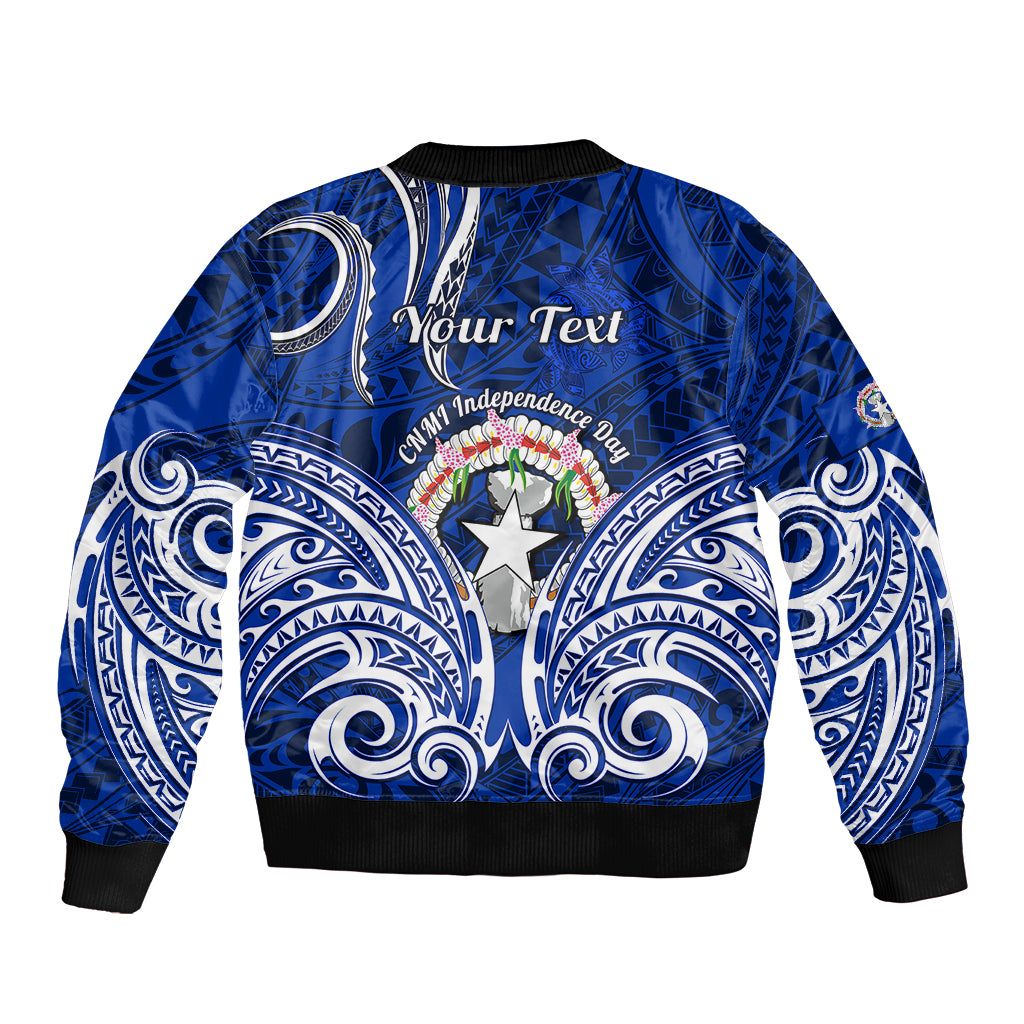 Blue bomber jacket with tribal wave pattern and 'Your Text' on back