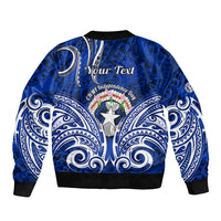 Blue bomber jacket with tribal wave pattern and 'Your Text' on back