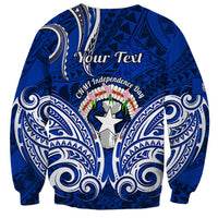 Blue crewneck sweatshirt with tribal pattern and "Your Text" over Independence Day emblem