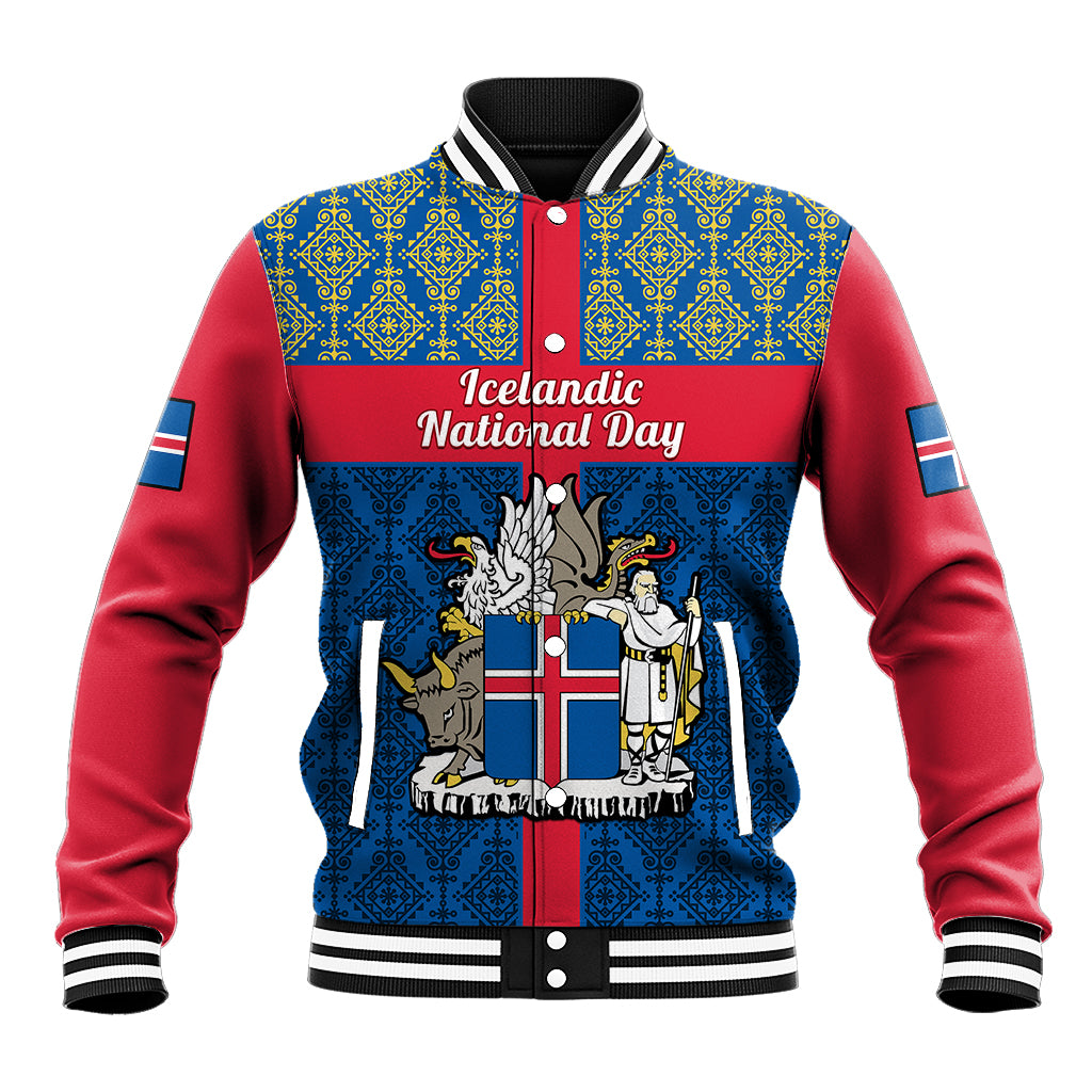 Blue baseball jacket with red sleeves, ribbed collar, button front, Iceland crest graphic
